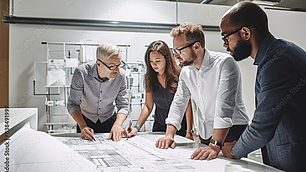 Vier Personen stehen um einen Tisch und besprechen gemeinsam großformatige Baupläne.