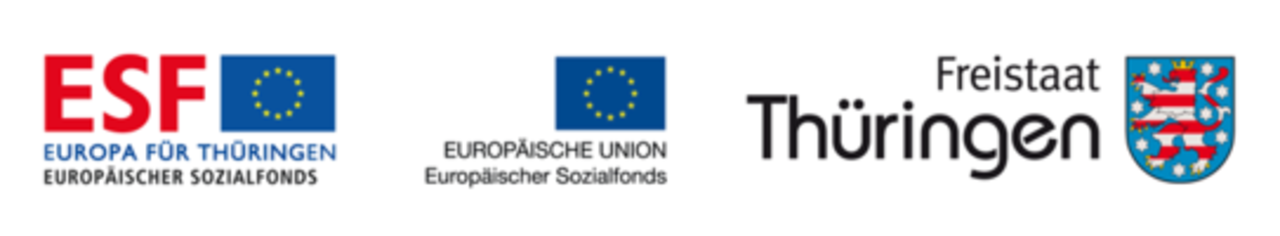 Logos der EU, ESF für Thüringen und das Wappen des Freistaats Thüringen.
