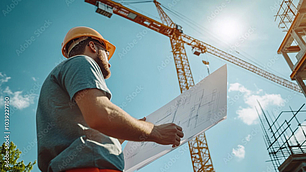 Bauleiter mit Schutzhelm hält Baupläne in der Hand und blickt auf einer Baustelle zu mehreren Kränen hinauf.