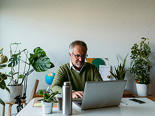 Mann sitzt an einem Schreibtisch und arbeitet an einem Laptop; um ihn herum stehen mehrere Zimmerpflanzen.