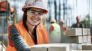 Lächelnde Bauarbeiterin mit Schutzhelm, Schutzbrille und orangefarbener Warnweste arbeitet an einer Mauer aus hellen Steinen.