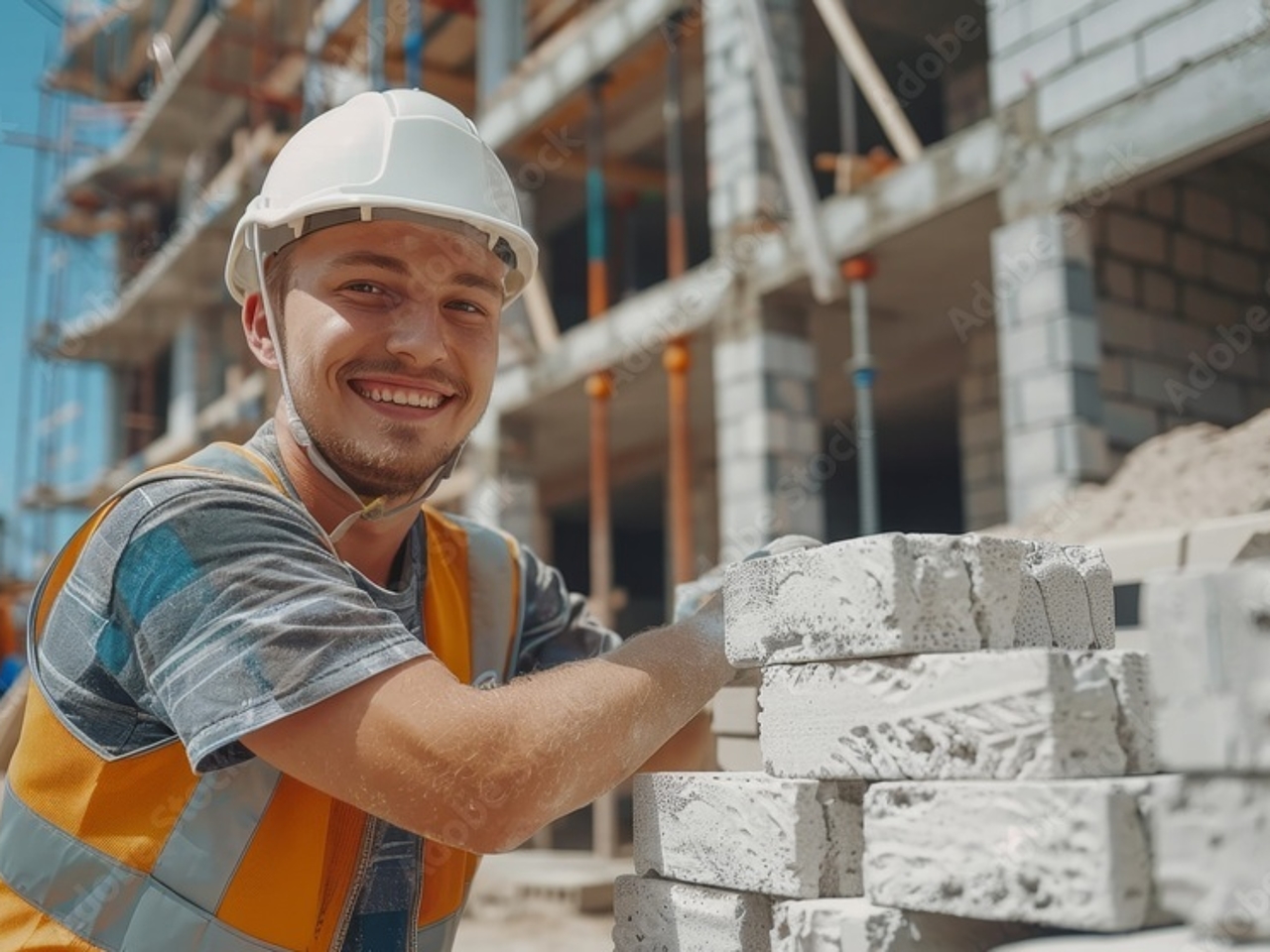 Maurer mit Schutzhelm arbeitet auf einer Baustelle an Mauersteinen