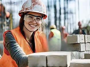 Lächelnde Bauarbeiterin mit Schutzhelm, Schutzbrille und orangefarbener Warnweste arbeitet an einer Mauer aus hellen Steinen.