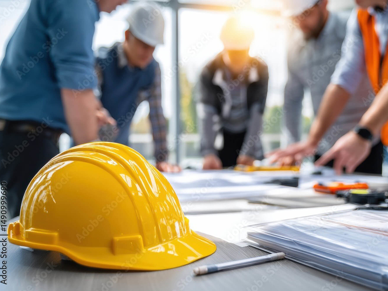 Gelber Schutzhelm im Vordergrund, dahinter bespricht ein Team auf einer Baustelle gemeinsam Baupläne auf einem Tisch.